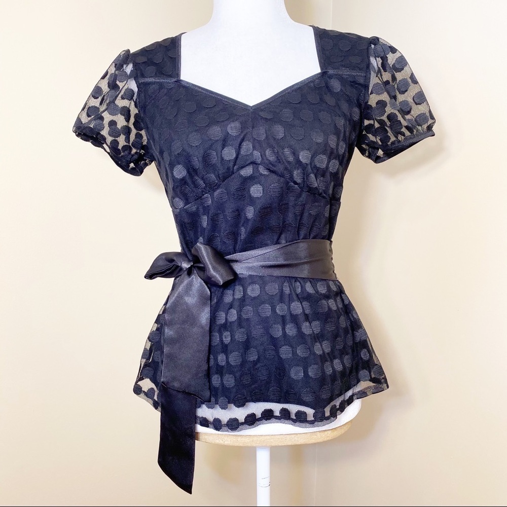 NY Collection Polka Dot Black Tie Waist Top - M